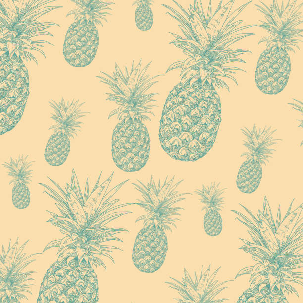 illustrazioni stock, clip art, cartoni animati e icone di tendenza di motivo vettoriale disegnato a mano senza cuciture con ananas. stile vintage.  progettazione di sfondo. - backgrounds etching yellow paper