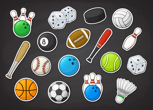 Vector illustration set of sport equipment as football, soccer, basketball, volleyball, baseball, tennis, badminton, bowling and billiard balls and bat, hockey puck and bowling pin. Stickers with contour