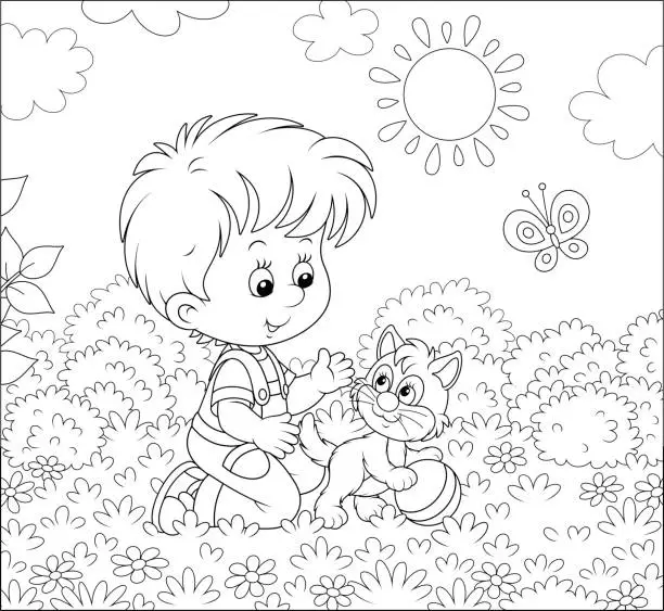 Vector illustration of Little boy with a kitten on a lawn