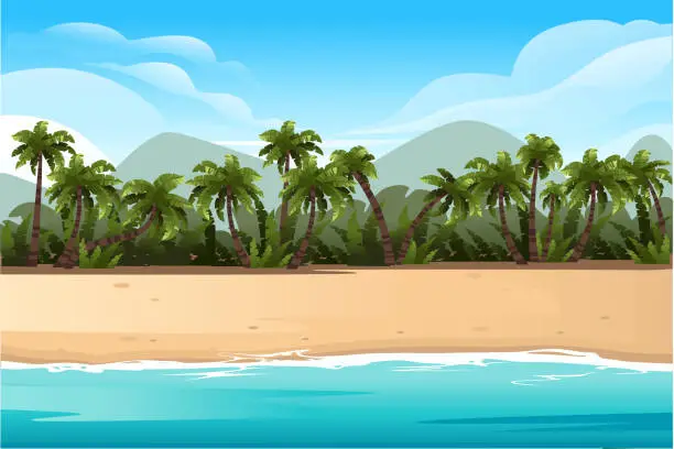 Vector illustration of Horizontal tropical landscape of coast beautiful sea shore beach with palm trees and plants on good sunny day flat vector illustration with blue sky and hills on background