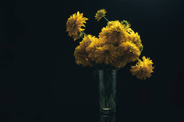 istock Yellow flowers in vase on a black glass table, black background. 1163738246