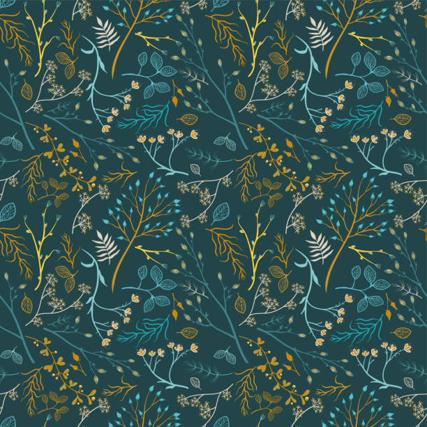 Beautiful colorful autumn branches, leaves and flowers seamless pattern, romantic floral fall background, great for seasonal fashion prints, textiles, wallpapers, banners - vector surface design Beautiful colorful autumn branches, leaves and flowers seamless pattern, romantic floral fall background, great for seasonal fashion prints, textiles, wallpapers, banners - vector surface design wallpaper pattern retro revival autumn leaf stock illustrations