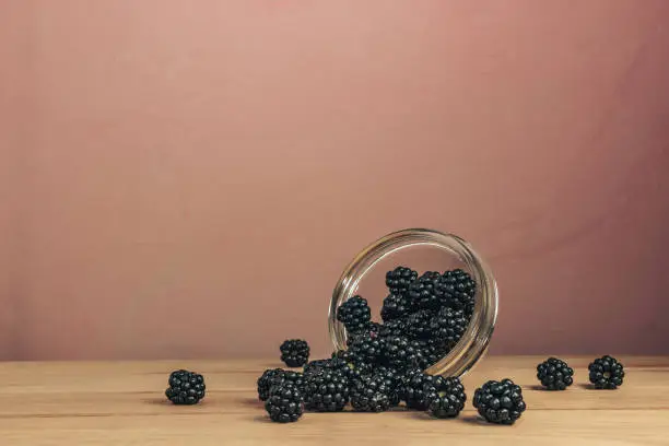 Fresh blackberry in glass bowl on a brown wooden table and dark-red wall background.