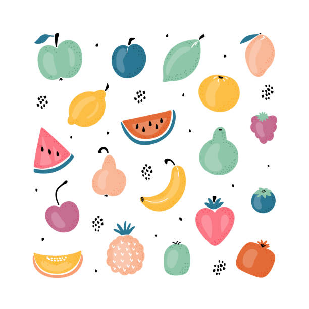 만화 낙서 귀여운 과일과 열매. 벡터 다채로운 음식 세트입니다. 과일 아이콘 여름 컬렉션 - fruit drawing watermelon pencil drawing stock illustrations