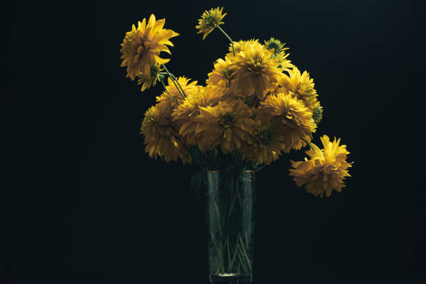 istock Yellow flowers in vase on a black glass table, black background. 1163740023
