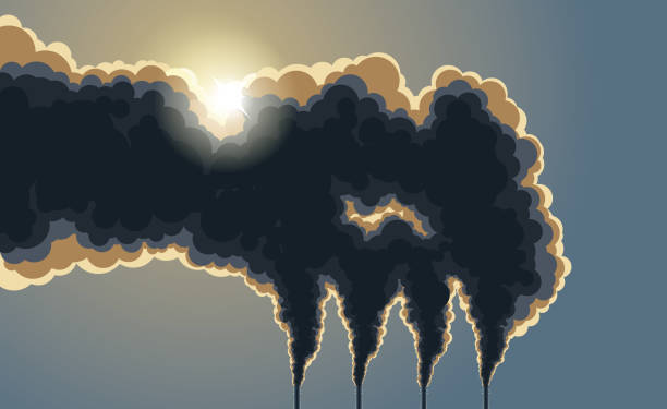 ilustraciones, imágenes clip art, dibujos animados e iconos de stock de chimeneas oscuras contaminación humo - global warming power station smoke stack coal