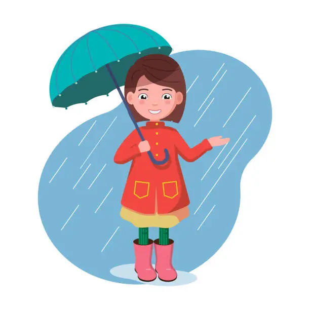 Vector illustration of Little girl is standing with an umbrella