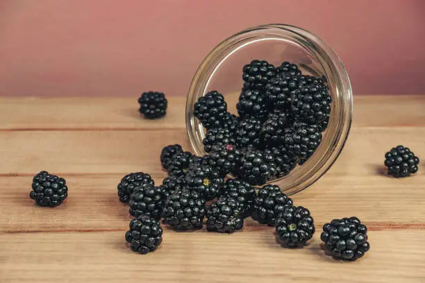 Fresh blackberry in glass bowl on a brown wooden table and dark-red wall background.