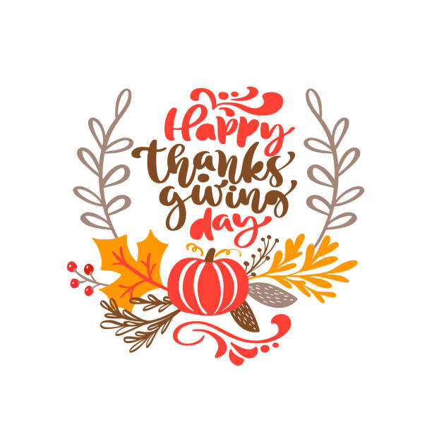 illustrazioni stock, clip art, cartoni animati e icone di tendenza di testo di calligrafia vettoriale happy thanksgiving day e illustrazione di foglie gialle e zucca rossa. concetto di ringraziamento autunnale - 4758