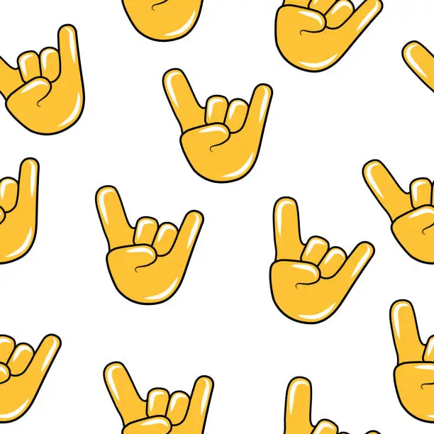 Vector illustration of Rock hand sign emoji seamless pattern. Chat emoticon icon background. Metal gesture.