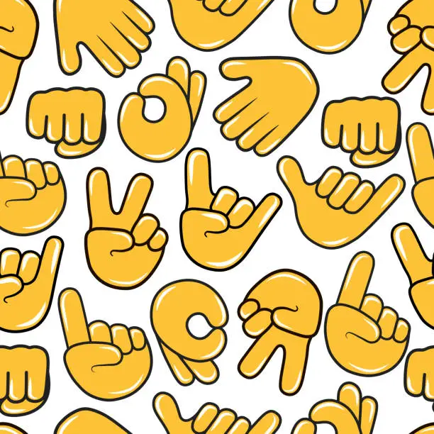 Vector illustration of Hold, ok, rock, call me, pointing up and victory hand emoji seamless pattern. Chat emoticon icon background. Peace, okey, stop, metal gesture.