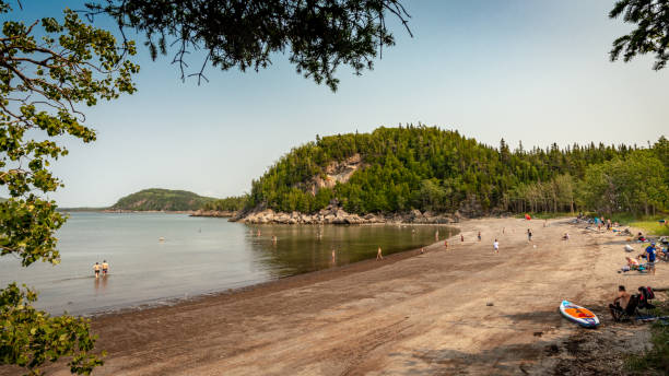 Popular beach at low tide in a National Park, Quebec stock photo