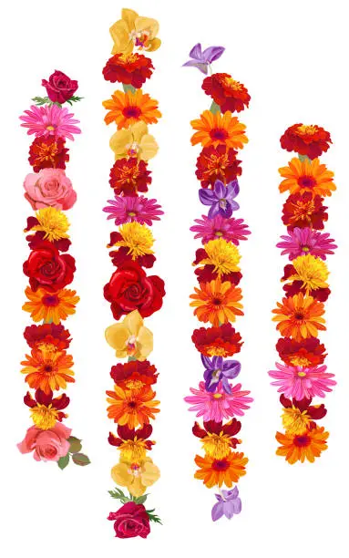 Vector illustration of Vertical garlands: roses, gerberas, daisies, marigold (tagetes), orchids. Flowers for Indian religion festive decoration. Buddhist traditional ornamentation. Illustration in watercolor style, vector