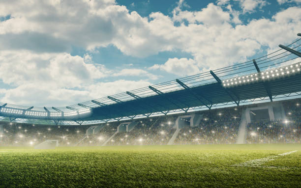 Soccer stadium with tribunes Professional soccer stadium with green grass and tribunes match lighting equipment photos stock pictures, royalty-free photos & images