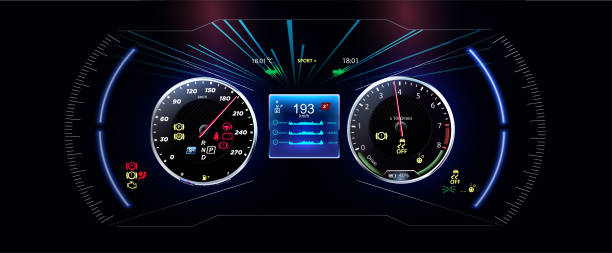 ilustrações de stock, clip art, desenhos animados e ícones de speed motion background with fast speedometer car. futuristic  hud, gui interface screen design. sci-fi virtual reality technology view display. vector - speedometer odometer dial speed