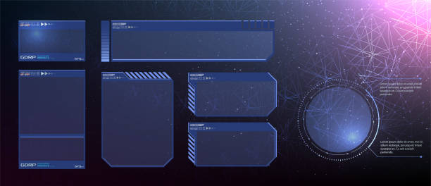 hud ui gui futurystyczny interfejs użytkownika elementy ekranu zestaw. zaawansowany technologicznie ekran do gier wideo. projekt koncepcyjny sci-fi. square frames blocks set hud interface elements . futurystyczna ramka ostrzegawcza - video game playstation game controller three dimensional shape stock illustrations