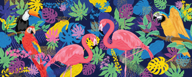 istock Tropical Web Banner With Flamingos parrots and Toucans 1163754741
