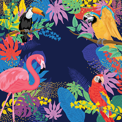 Tropical plants background with Flamingos, toucan and parrots