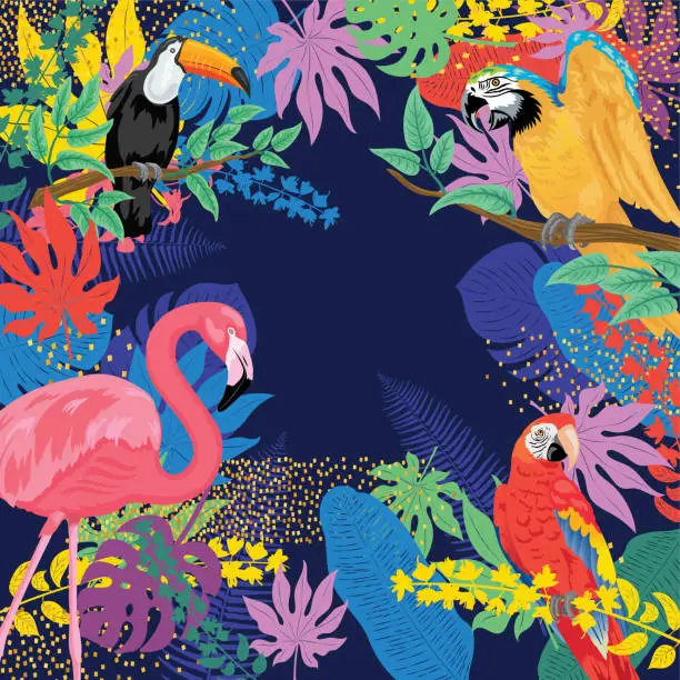 Vector illustration of Tropical Background With Flamingos parrots and Toucans
