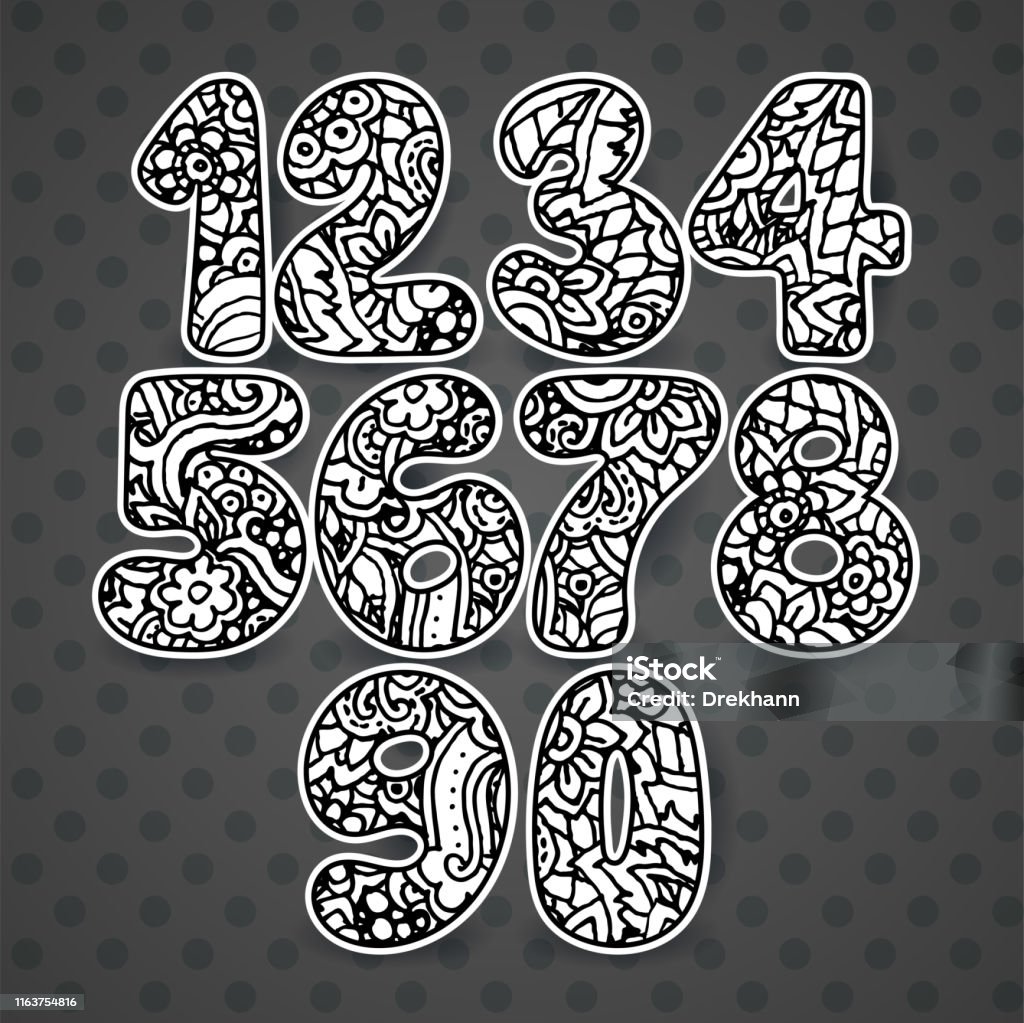 Hand Drawn Numbers Math Set Of Patterned Hand Drawn Numbers Funny Doodle Contour Math Signs ...