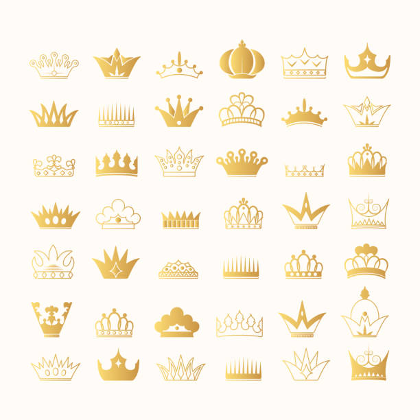 illustrations, cliparts, dessins animés et icônes de super grande collection dessiné à la main rois et reines couronne d'or contours et silhouettes. symboles héraldiques royaux d'or de cru. icônes impériales de diadème. - tiare couronne