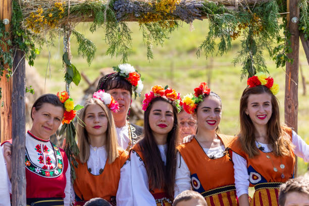 Traditional bulgarian folklore festival with dances and handcrafts demonstration stock photo