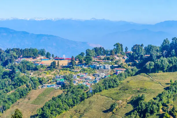 Panoramic view of Darjeeling Village At The Lift with traditional Buddhist Tibetan style architecture with forest and hills around at foothills of Himalayas. Darjeeling located West Bengal India Asia.