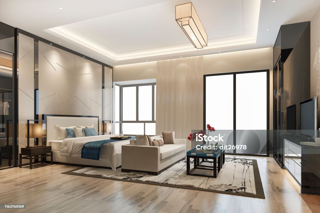 3d rendering luxury modern bedroom suite tv with wardrobe and walk in closet 3d rendering interior and exterior design Hotel Suite Stock Photo