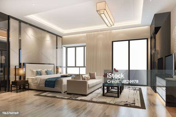 3d Rendering Luxury Modern Bedroom Suite Tv With Wardrobe And Walk In Closet Stock Photo - Download Image Now