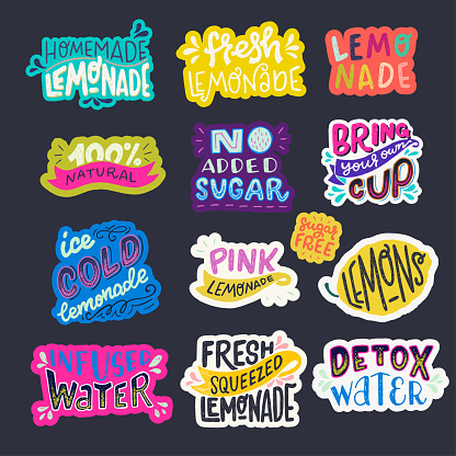 Set of colorful lettering phrases about refreshing beverages on dark background. Bright hand drawn inscriptions on Natural, Fresh Squeezed, Homemade, Pink Lemonade and Infused Detox Water without Sugar