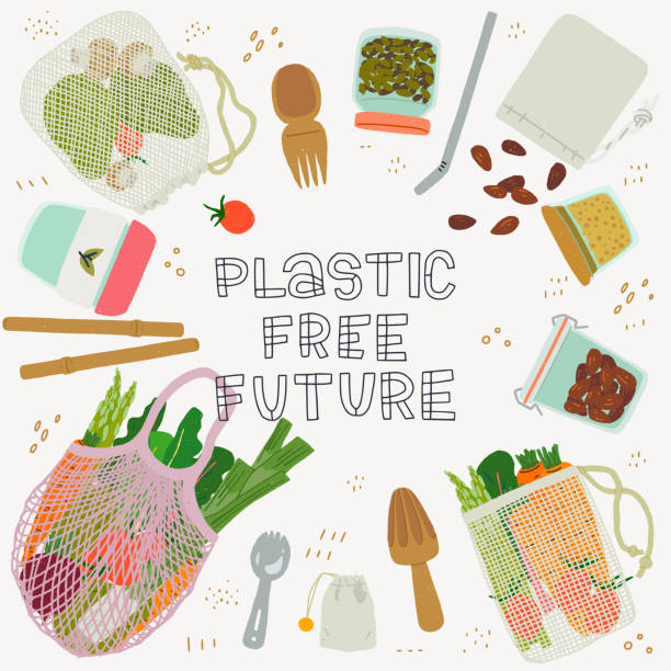 ilustrações, clipart, desenhos animados e ícones de plástico livre futuro inscrição e zero resíduos utensílios de cozinha - returnable