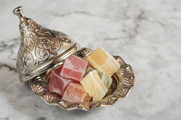 colorful turkish delights in a bowl on table