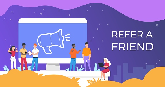Refer a friend. People group working together on attracting audience, referral program business concept. Vector flat illustration referral friendly poster