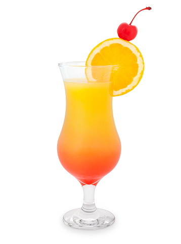 Tequila sunrise cocktail with orange slice and cherry isolated on white