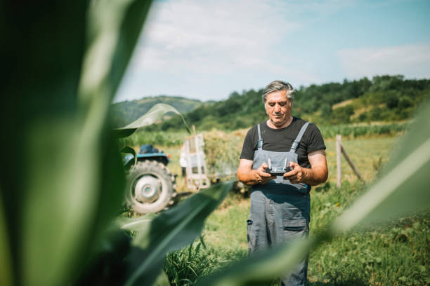 istock Mature farmer flying a drone over a field 1163765523