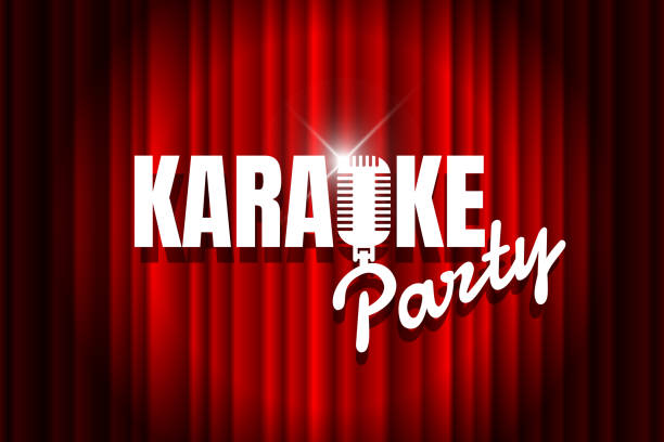 istock Karaoke party night live show open mike sign on empty theatre stage with spotlight. Vintage microphone against red curtain drape backdrop. Retro mic vector music nightlife illustration 1163766234
