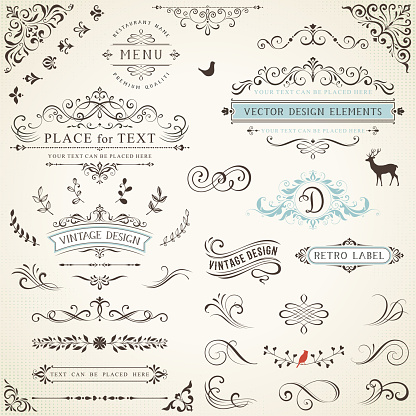 Ornate retro labels, flourishes elements, calligraphy swirls, corner ornaments and frames.