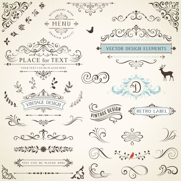 Ornate Elements Set_07 Ornate retro labels, flourishes elements, calligraphy swirls, corner ornaments and frames. filigree illustrations stock illustrations