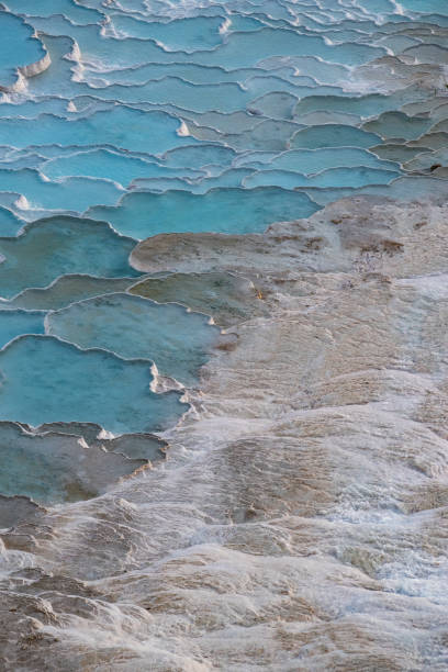 Pamukkale, Denizli, Turkey - 07/12/2019: aerial view of the calcium pools on travertine terraces at Pamukkale , the natural site of sedimentary rock deposited by hot springs, famous for its carbonate mineral left by flowing water pamukkale, denizli, turquía: vista aérea de las piscinas de calcio en las terrazas de travertino en pamukkale, el sitio natural de roca sedimentaria depositada por aguas termales, famosa por su mineral de carbonato dejado por el agua que fluye