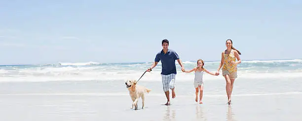 Photo of Family with dog running on beach
