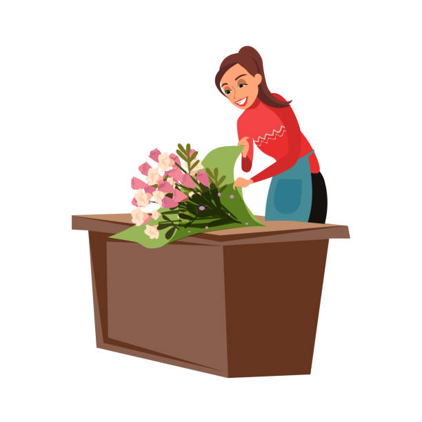 illustrazioni stock, clip art, cartoni animati e icone di tendenza di fiorista imballaggio bouquet illustrazione vettoriale piatta - florist flower gardening store