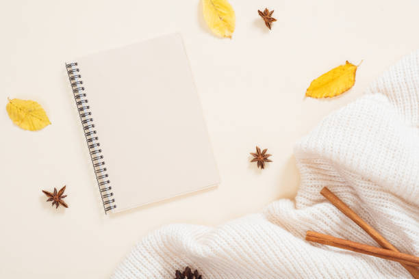 istock Autumn composition. Paper notepad, dry autumn leaves, knitted plaid, cinnamon sticks on pastel beige background. Flat lay, top view, copy space. Autumn minimal concept 1163771671