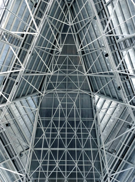 istock Abstract metal structure roof interior in blue soft and white 1163772308