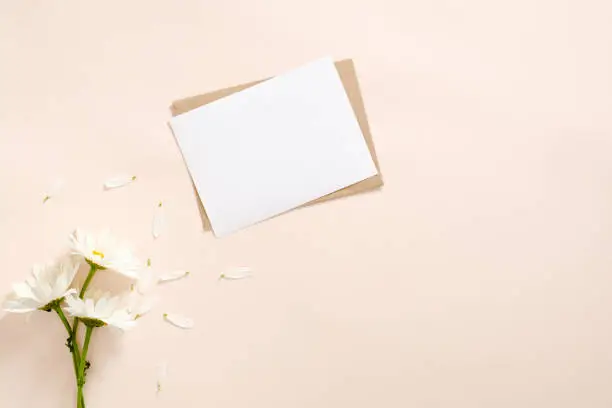 Photo of Daisy flowers and letter with blank paper card mockup on pastel pink background. Flat lay, top view, overhead. Romance and love at distance concept.