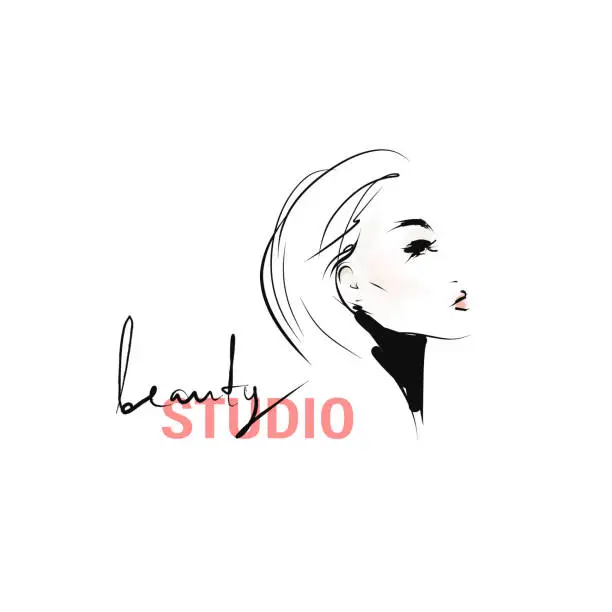 Vector illustration of Hand-drawn portrait of young stylish woman. Beautiful girl with makeup and hairstyle