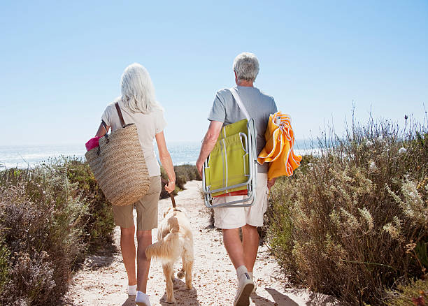 Senior couple walking on beach path with dog  beach bag stock pictures, royalty-free photos & images