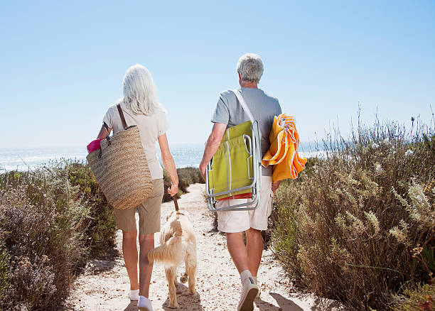 casal sênior andando com cachorro na praia caminho - bolsa de praia - fotografias e filmes do acervo