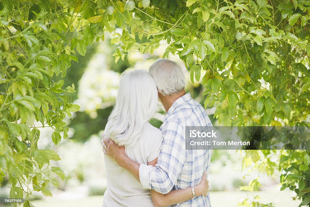 Senior couple hugging under tree  60-64 Years Stock Photo