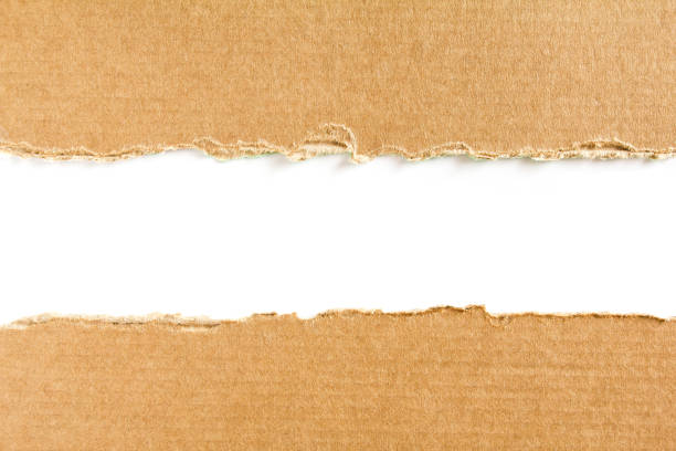 Two torn pieces of brown cardboard on white background with space for text. stock photo