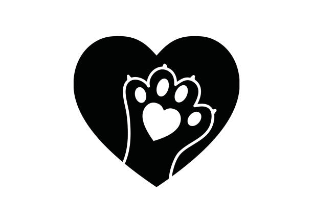 schwarz und weiß einfaches logo mit tierpfote im herzen - raubkatze stock-grafiken, -clipart, -cartoons und -symbole